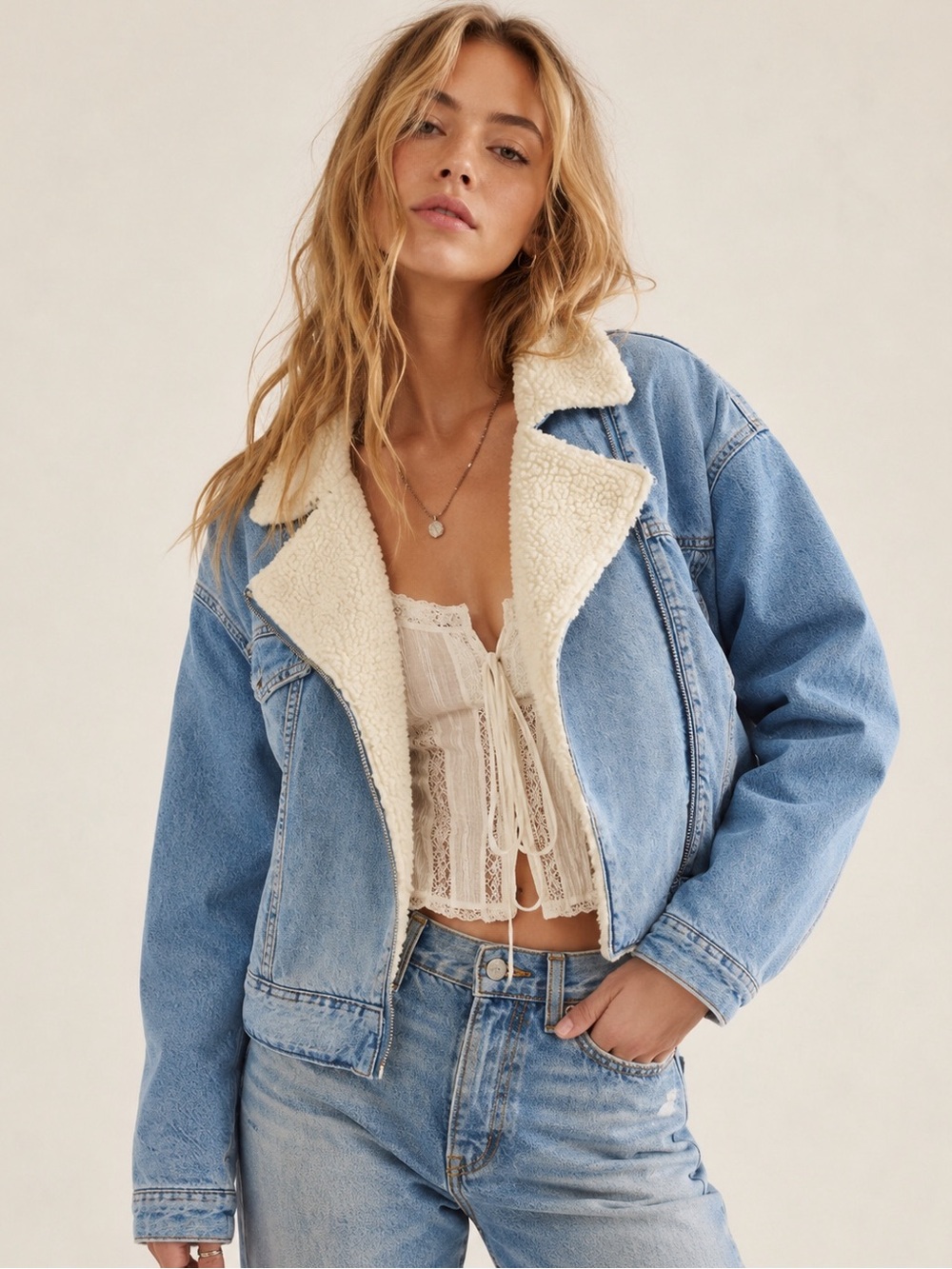 Garage Woman Blue Denim Sherpa Aviator Crop Jean Jacket MEDIUM Boho Country Folk - Picture 2 of 9